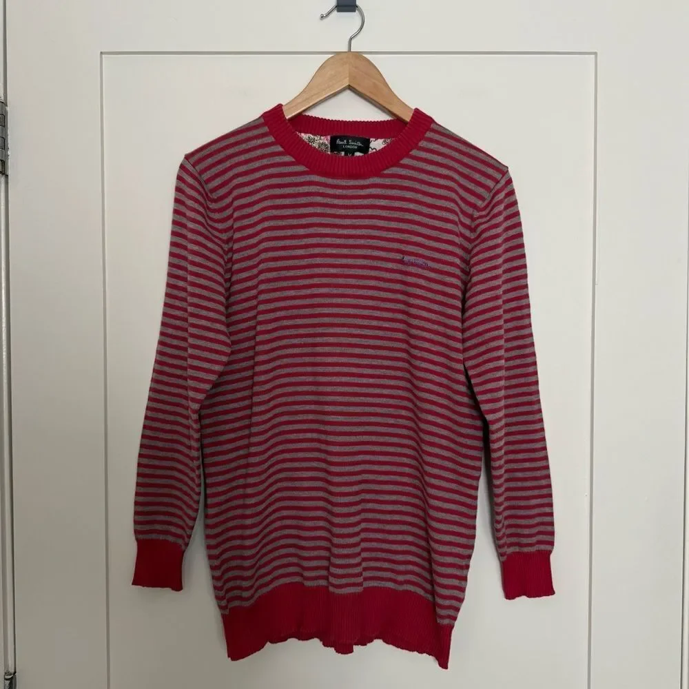 Paul Smith Sweater Mens Sz M Red Gray Striped Crew Neck 100% Cotton Preppy